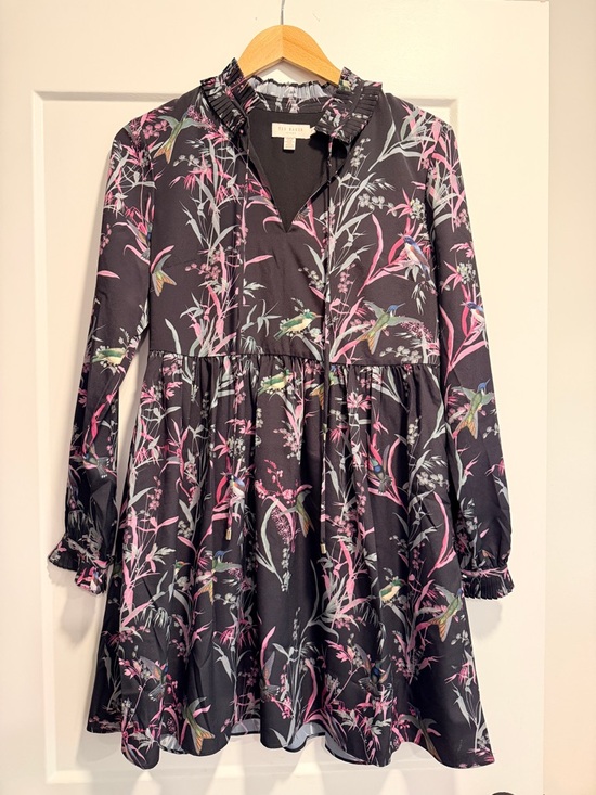 Ted Baker London Dresses & Skirts - Ted Baker London Black Mini Dress with Pink and Green Botanical Print